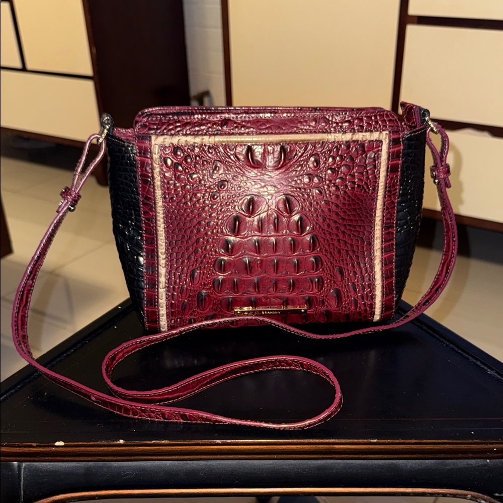 Brahmin Croc-Embossed Crossbody in Burgundy and Black